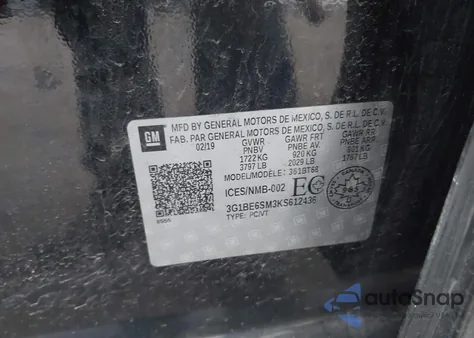 2019 Chevrolet Cruze Lt z USA, uszkodzony, nr VIN 3G1BE6SM3KS612436